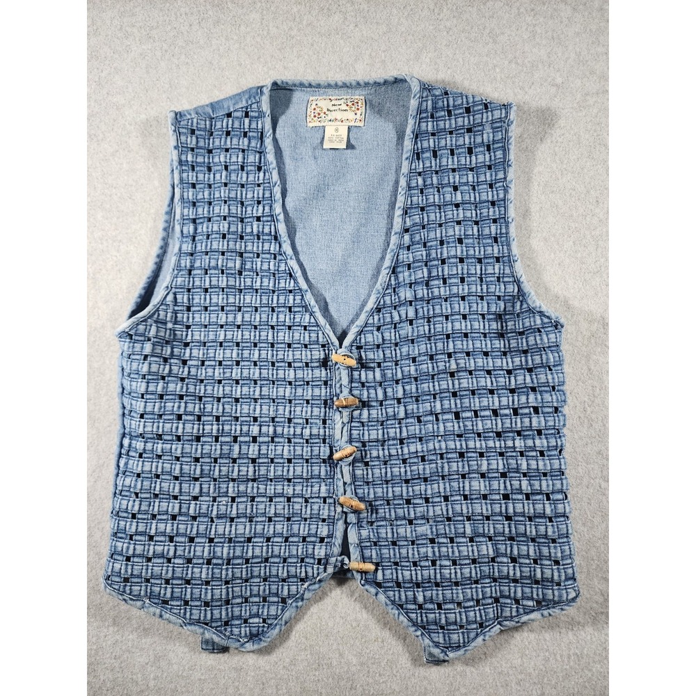 New Direction Women's Woven Denim Vest, M,  Wood Buttons, Cootagecore